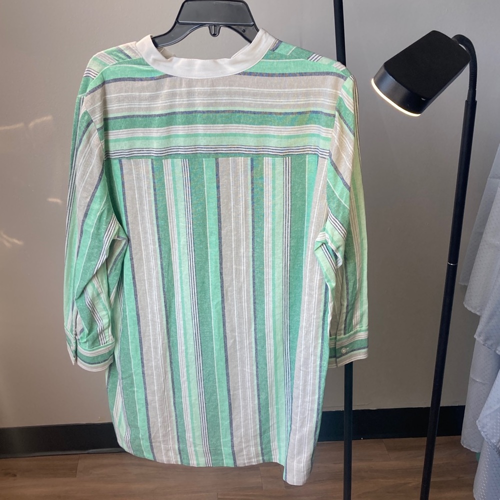 Kasper top print stripes pattern blouse linen blend career business casual L - Picture 9 of 17